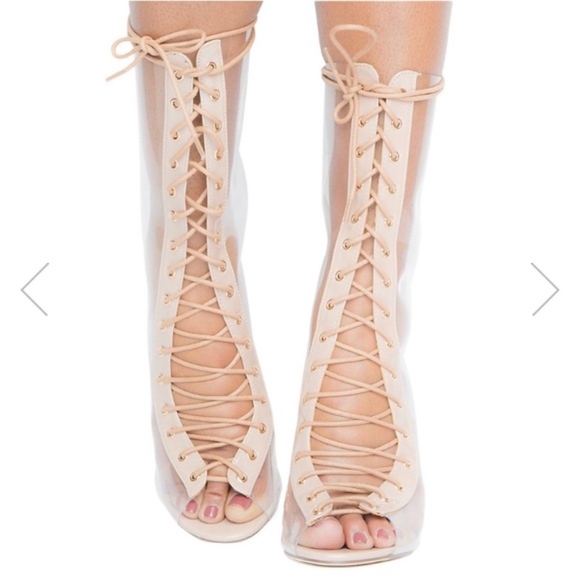 NEW Open Toe Chunky Clear Heel Lace Up Ankle Boot - Picture 4 of 8